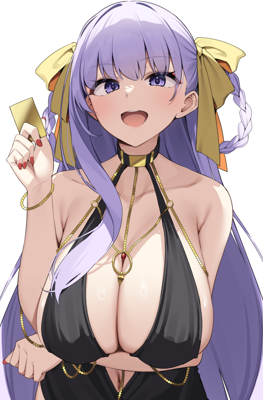 :d absurdres arm_under_breasts bare_shoulders bb_(fate) bb_dubai_(fate) blush bracelet breasts cleavage fate/grand_order fate_(series) female hair_ribbon highres jewelry long_hair navel open_mouth purple_eyes purple_hair red_nails ribbon simple_background smile solo suiroh_(shideoukami) white_background yellow_ribbon