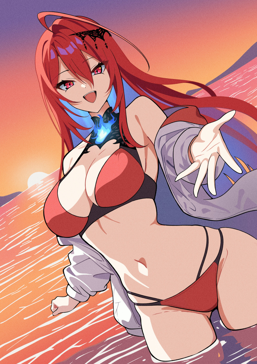 absurdres ahoge bikini blue_fire breasts colored_inner_hair elizabeth_rose_bloodflame female fire highres hololive hololive_english huge_ahoge itsrice large_breasts long_hair looking_at_viewer multicolored_hair ocean open_mouth reaching reaching_towards_viewer red_eyes red_hair smile solo sunset swimsuit teeth upper_teeth_only very_long_hair virtual_youtuber water