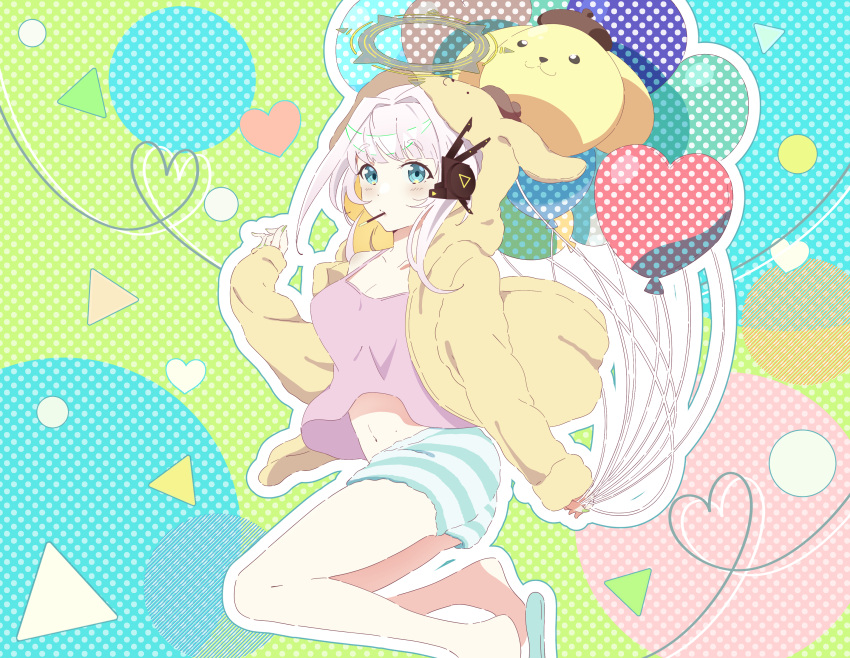 absurdres animal_hood balloon breasts cleavage dog_hood eru_nabura female food food_in_mouth green_nails hair_intakes halo highres holding holding_balloon hood hoodie indie_virtual_youtuber jaal_art medium_breasts navel pajamas pocky pocky_in_mouth solo virtual_youtuber white_hair