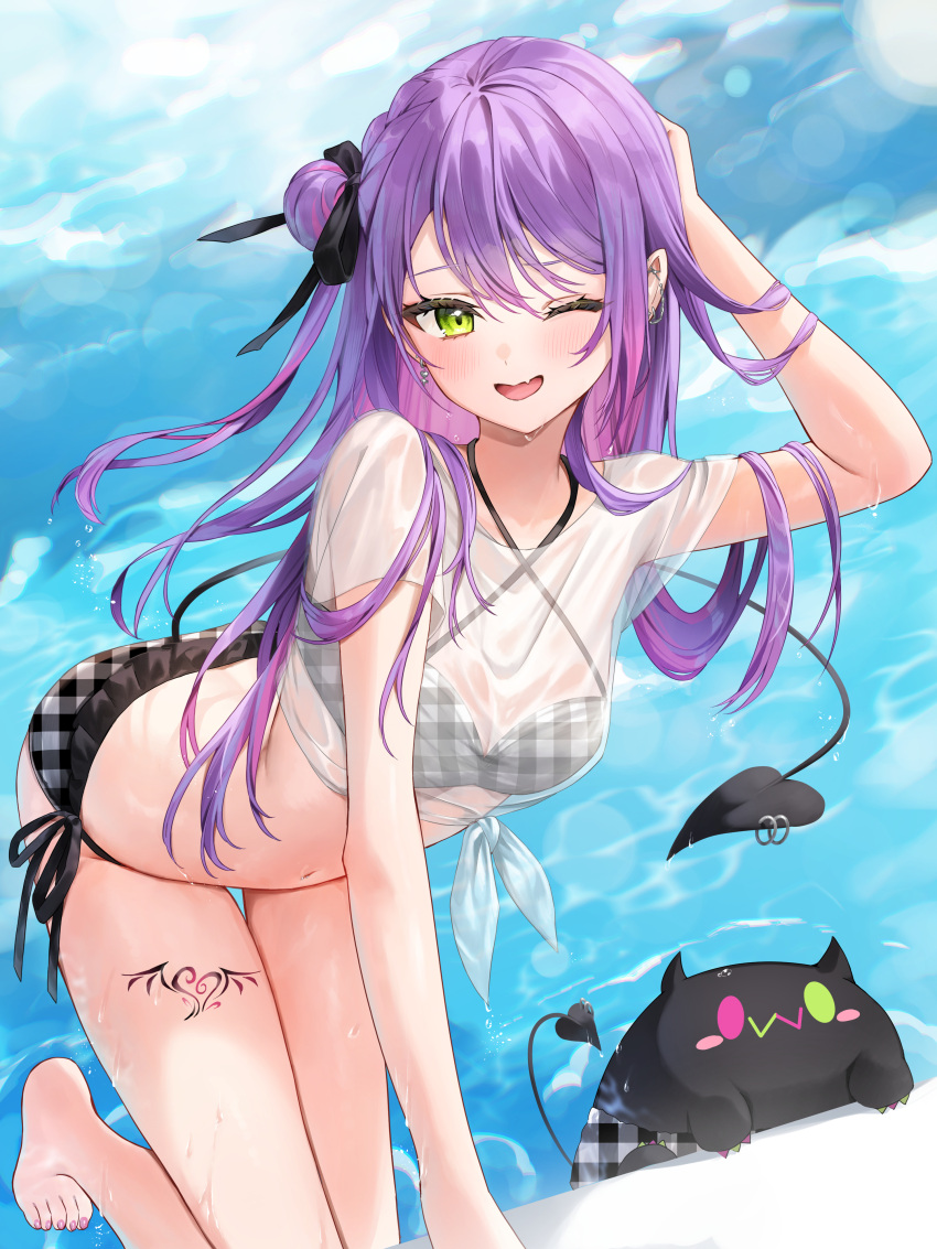 ;d absurdres bibi_(tokoyami_towa) bikini black_bikini blush breasts cleavage criss-cross_halter demon_tail ear_piercing female green_eyes hair_bun halterneck highres hololive long_hair navel oerba_yun_fang one_eye_closed piercing plaid_bikini plaid_clothes pointy_ears purple_hair runlan_0329 single_hair_bun single_side_bun skin_fang small_breasts smile solo swimsuit tail tokoyami_towa virtual_youtuber wet