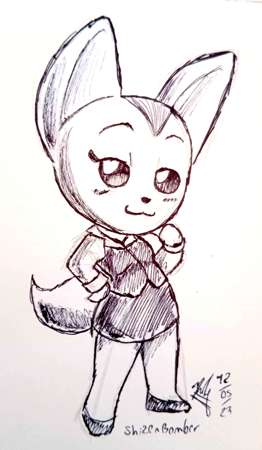 absurd_res aggretsuko anthro beady_eyes blush bottomwear canid canine chibi clothing cross-hatching female fennec_fox fenneko fluffy fluffy_tail footwear fox graphite_(artwork) guide_lines half-closed_eyes hand_on_hip hatching_(art) hi_res high_heels looking_at_viewer mammal miniskirt monochrome narrowed_eyes office_clothing pen_(artwork) pencil_(artwork) sailor_bomber sanrio shaded shoes simple_background skirt solo tail traditional_media_(artwork) true_fox white_background