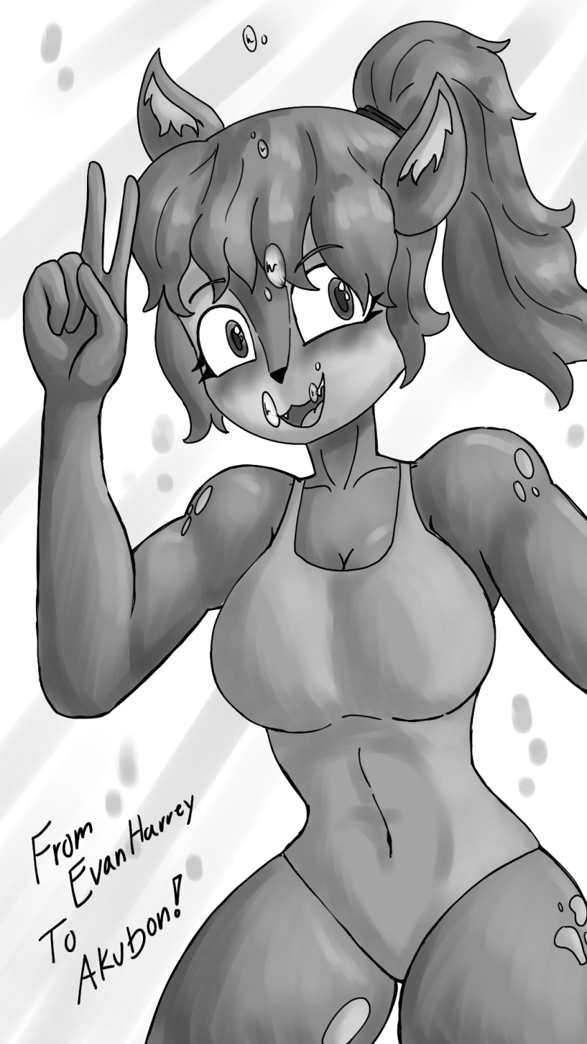 anthro bubble clothing countershading deer eyelashes fangs female gemi_lightning_(artist) gesture greyscale hair hand_gesture hi_res leg_markings looking_at_viewer mammal markings monochrome navel_outline nidea_(akubon) one-piece_swimsuit ponytail shoulder_spots simple_background solo swimwear teeth text underwater v_sign water white_background