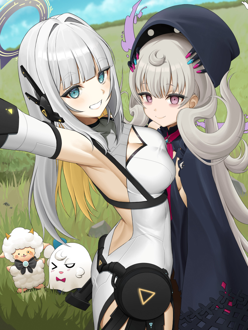 2girls absurdres ahoge aqua_eyes armpits asymmetrical_docking back backless_dress backless_outfit bags_under_eyes blunt_bangs blush breast_press breasts cleavage cleavage_cutout closed_mouth clothing_cutout colored_inner_hair dress eru_nabura grass grey_hair grin hair_intakes halo hat highres indie_virtual_youtuber large_breasts long_hair multicolored_hair multiple_girls nagamma nijisanji nijisanji_en phantomo_(reimu_endou) purple_eyes reimu_endou reimu_endou_(1st_costume) selfie sideboob sleeves_past_fingers sleeves_past_wrists small_breasts smile very_long_hair virtual_youtuber