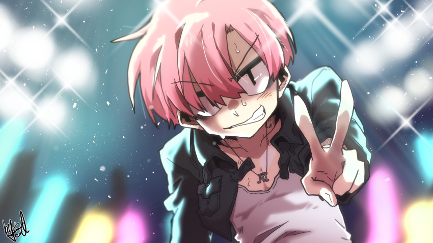 >:) 1boy absurdres artist_name bags_under_eyes black_eyes black_jacket collarbone edkuroki highres jacket light_particles lights male_focus neon_lights original park_jinim_(parkgee) pink_hair pov shirt short_hair signature smile smug solo sweat sweatdrop teeth v v-shaped_eyebrows white_shirt