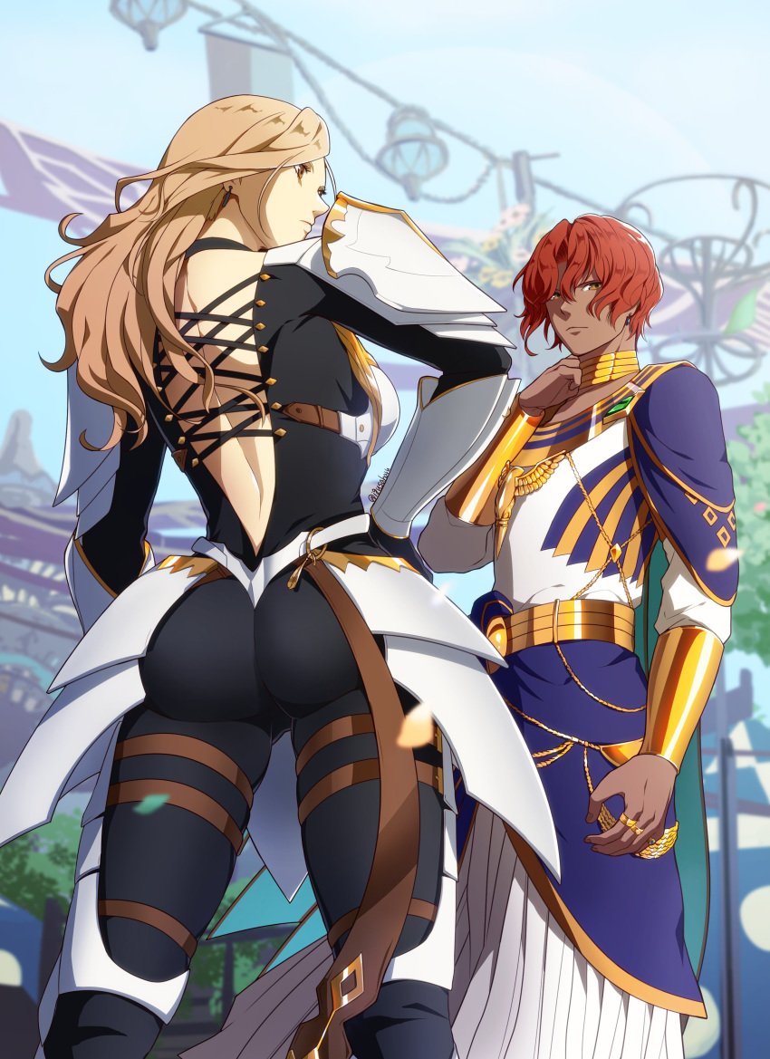 1boy absurdres armor ass back back_cutout black_bodysuit blonde_hair bodysuit clothing_cutout dohalim_(tales) female from_behind hand_on_own_hip highres igusaharu jewelry kisara_(tales) red_hair shoulder_armor tales_of_(series) tales_of_arise thigh_strap yellow_eyes