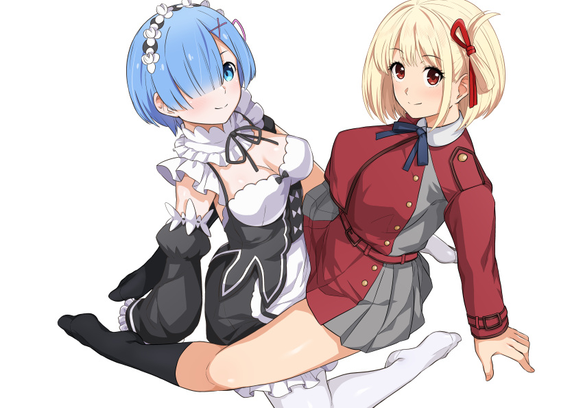 2girls absurdres belt black_dress black_socks blonde_hair blue_eyes blue_hair blunt_bangs breasts cleavage closed_mouth commentary_request crossover detached_sleeves dress frilled_sleeves frills full_body grey_dress hair_ornament hair_over_one_eye hair_ribbon haruhisky highres large_breasts light_smile long_sleeves looking_at_viewer lycoris_recoil lycoris_uniform medium_hair multiple_girls neck_ribbon nishikigi_chisato no_shoes partial_commentary re:zero_kara_hajimeru_isekai_seikatsu red_belt red_dress red_eyes red_ribbon rem_(re:zero) ribbon roswaal_mansion_maid_uniform second-party_source sitting sleeves_past_fingers sleeves_past_wrists socks spread_legs thighhighs thighs two-tone_dress white_dress white_thighhighs x_hair_ornament