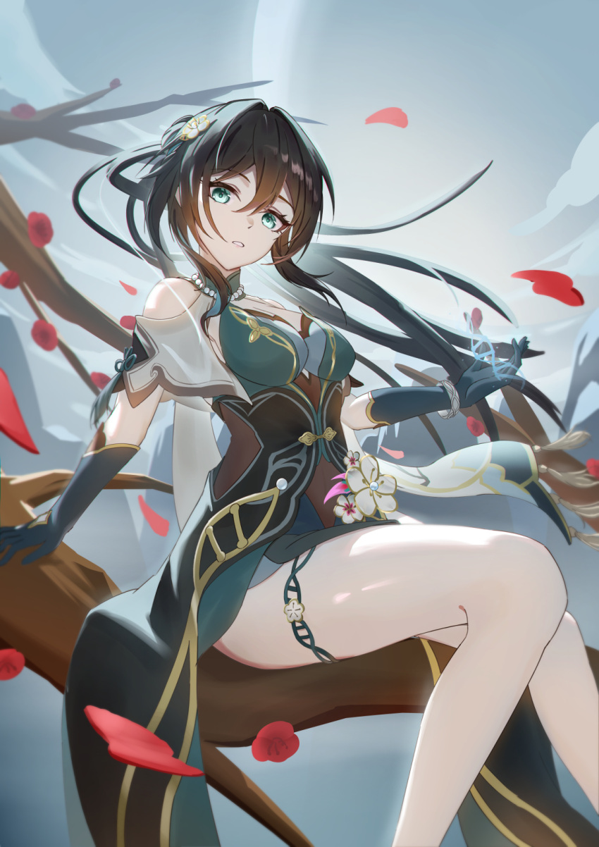 bare_shoulders bracelet breasts brown_hair dna feet_out_of_frame female flower gloves green_eyes green_gloves hair_ornament highres honkai:_star_rail honkai_(series) jewelry knees_together_feet_apart legs naeeeegi red_flower ruan_mei_(honkai:_star_rail) sitting sitting_on_branch sky solo tassel thighlet white_flower