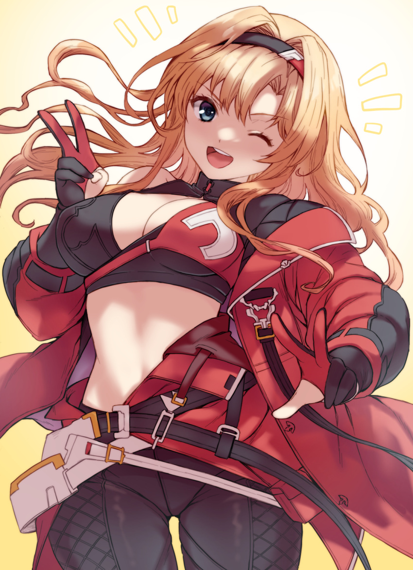 ;d black_gloves black_jacket black_pants blonde_hair blue_eyes breasts cleavage commentary_request double_v ekra female gloves granblue_fantasy hairband highres jacket large_breasts long_hair looking_at_viewer one_eye_closed open_mouth pants partially_fingerless_gloves post_guild_war_celebration red_gloves red_jacket simple_background smile solo two-sided_fabric two-sided_jacket two-tone_gloves two-tone_hairband v w zeta_(granblue_fantasy) zeta_(grand)_(granblue_fantasy)