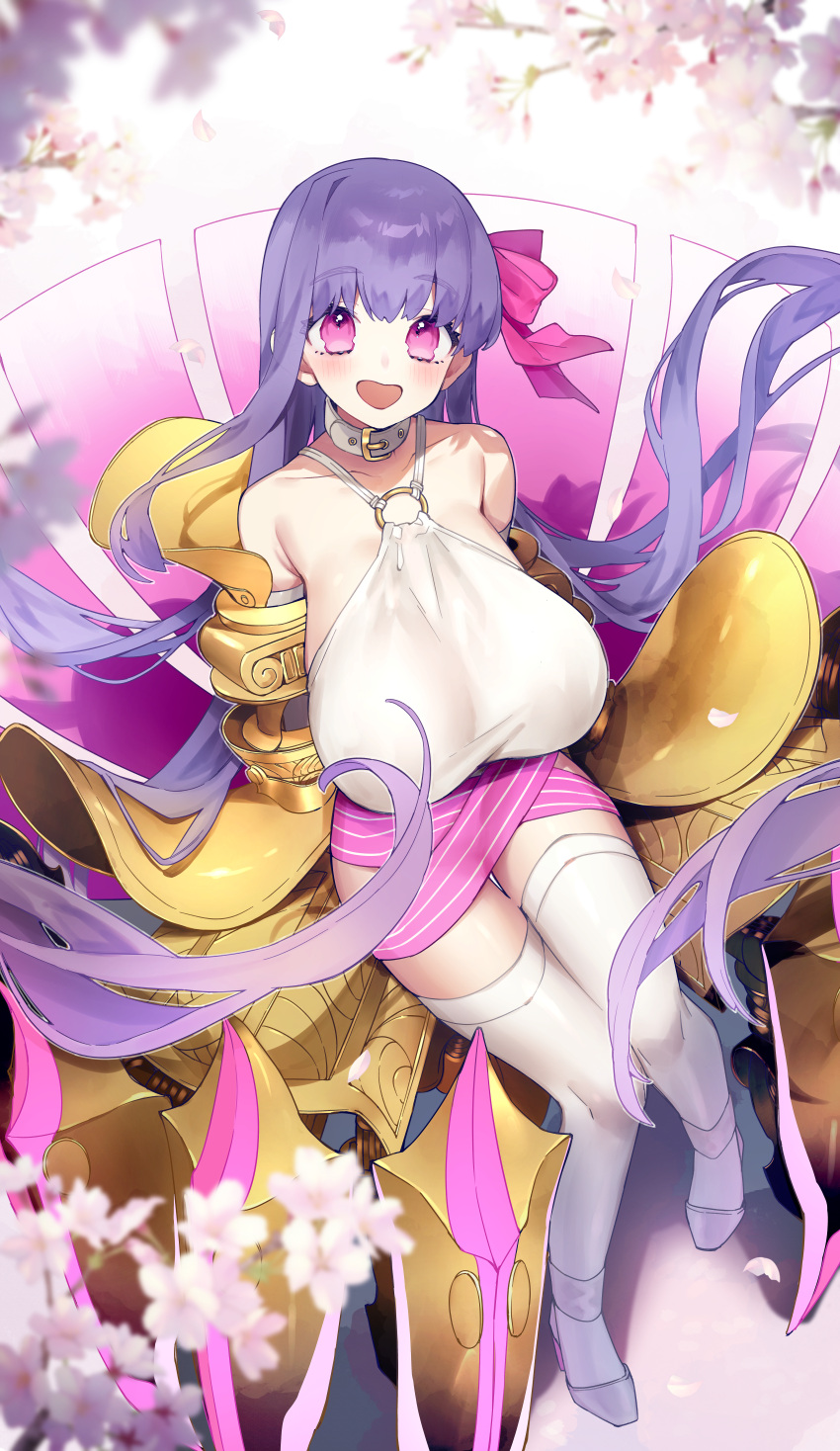 absurdres bare_shoulders belt_collar blurry blurry_foreground bow breasts chiyomaru_(yumichiyo0606) claws collar fate/extra fate/extra_ccc fate/grand_order fate_(series) female flower full_body grey_footwear hairbow halterneck highres huge_breasts long_hair looking_at_viewer o-ring open_mouth passionlip_(fate) passionlip_(third_ascension)_(fate) pink_bow pink_eyes pink_flower purple_hair smile solo thighhighs very_long_hair white_collar white_thighhighs