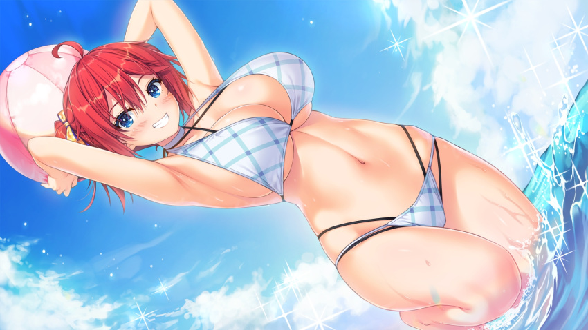 ahoge armpits arms_up ball beachball bikini blue_eyes blue_sky blush breasts choker cleavage cloud day dutch_angle female game_cg grin halterneck highres hinata_nao holding holding_ball holding_beachball huge_breasts medium_hair mikuriya_haruna navel official_art outdoors photoshop_(medium) plaid plaid_bikini red_hair sky smile solo splashing string_bikini swimsuit wading water yuunagi-sou_no_s-kyuu_no_kanojo-tachi_2