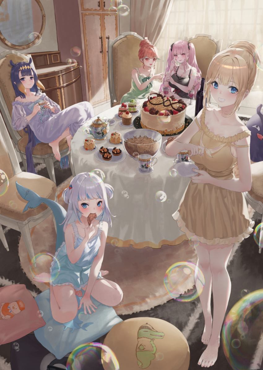 5girls bare_shoulders barefoot birthday_cake black_nightgown blonde_hair blue_eyes blue_hair blush breasts cake camisole cleavage collarbone death-sensei_(mori_calliope) earrings fins fish_tail food frilled_camisole frills gawr_gura hair_ornament heart heart_hands highres hololive hololive_english holomyth investigator_(amelia_watson) jewelry kfp_employee_(takanashi_kiara) kinoko_(shikimylove) large_breasts long_hair looking_at_viewer medium_hair mori_calliope mori_calliope_(sleepwear) multicolored_hair multiple_girls nightgown nightshirt ninomae_ina'nis official_alternate_costume open_mouth pink_hair purple_eyes purple_hair red_eyes shark_girl shark_hair_ornament shark_tail short_hair skull_collar skull_earrings sleepover sleepwear small_breasts smile streaked_hair tail takanashi_kiara takodachi_(ninomae_ina'nis) tentacle_hair two_side_up underwear very_long_hair virtual_youtuber watson_amelia