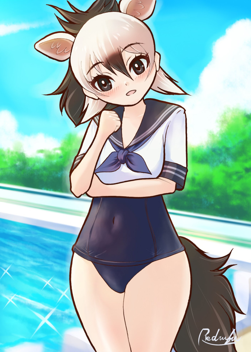 aardwolf_(kemono_friends) animal_ears black_hair black_one-piece_swimsuit blush covered_navel extra_ears female hair_between_eyes highres kemono_friends looking_at_viewer multicolored_hair neckerchief old_school_swimsuit one-piece_swimsuit open_mouth ponytail pool poolside redrufu2000 sailor_collar school_swimsuit school_uniform serafuku serasuku shirt smile solo swimsuit swimsuit_under_clothes tail two-tone_hair white_hair