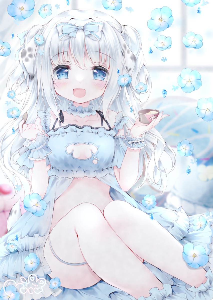 animal_cutout animal_ears ankle_garter blue_eyes blush bow breasts choker cleavage_cutout clothing_cutout dog_ears dog_girl dog_tail female flower flower_request food frilled_choker frills hairbow highres holding holding_food ice_cream ice_cream_cup lingerie long_hair looking_at_viewer moco_ofuton negligee open_mouth original sitting small_breasts smile solo tail thigh_strap two_side_up underwear very_long_hair white_hair wrist_cuffs