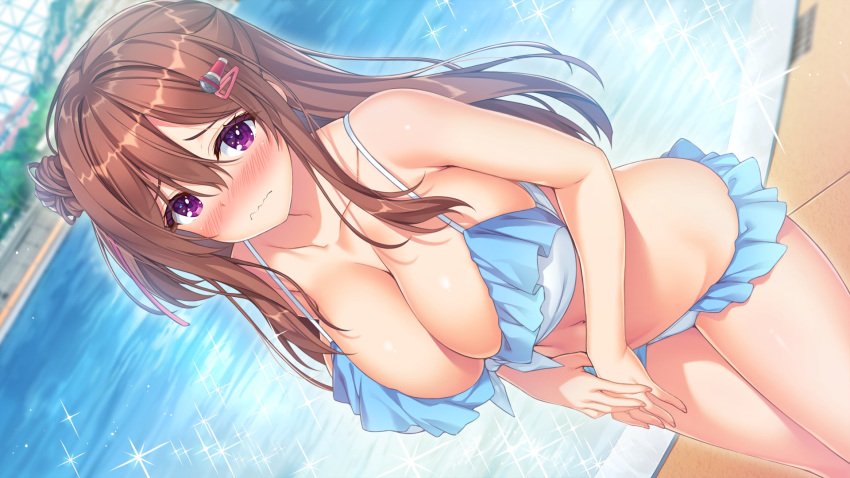 bikini blush breasts brown_hair day dutch_angle female frilled_bikini frills game_cg hair_bun hair_ornament hairclip highres hinata_nao huge_breasts long_hair looking_at_viewer moonstone_cherry navel official_art ooigawa_risa outdoors own_hands_together photoshop_(medium) pool poolside purple_eyes solo standing swimsuit wavy_mouth