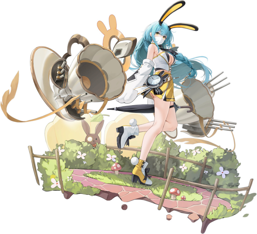 absurdres alice_in_wonderland animal_ears aqua_hair artistic_error azur_lane black_bow black_umbrella blue_hair boise_(azur_lane) boise_(muse)_(azur_lane) bow braid breasts byulzzi character_name cleavage clock cosplay detached_sleeves fake_animal_ears female high_heels highres holding holding_umbrella large_breasts long_hair mask mouth_mask non-web_source official_art rabbit_ears ribbon rigging shirt single_braid skirt solo transparent_background umbrella very_long_hair white_rabbit_(alice_in_wonderland) white_rabbit_(alice_in_wonderland)_(cosplay) white_ribbon white_shirt yellow_eyes yellow_footwear yellow_skirt