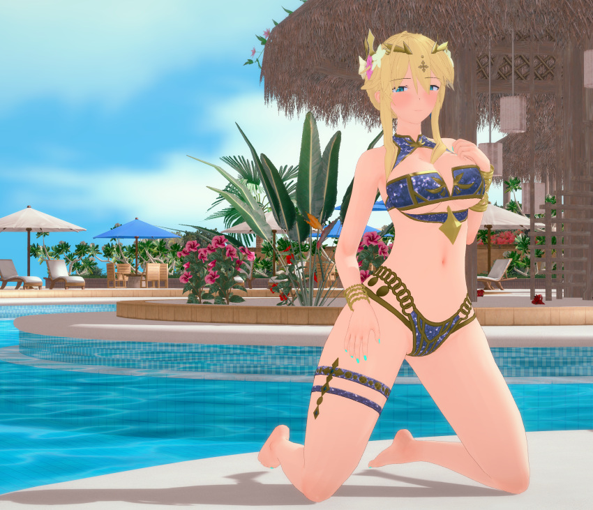 1girls 3d artoria_pendragon_(lancer) bangs big_ass big_butt blonde_hair crown fate_(series) female female_only flower_in_hair hand_on_breast hand_on_thigh hidekimotto jewelry koikatsu light_skin looking_at_viewer medium_breasts painted_nails painted_toenails pool poolside resort slim_waist smile smiling_at_viewer solo sunny swimsuit teal_eyes tied_hair water wristwear