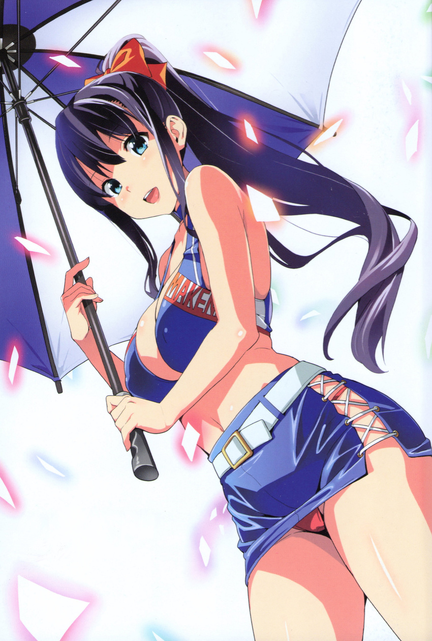 :d absurdres amaya_haruko black_hair blue_eyes breasts dutch_angle female highres large_breasts long_hair looking_at_viewer maken-ki! official_art open_mouth panties ponytail race_queen red_panties scan skirt smile solo takeda_hiromitsu umbrella underwear upskirt