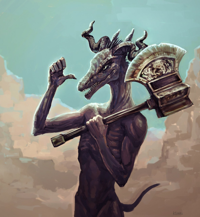 5_fingers anthro axe battle_axe biped black_horn claws cloud dark_souls digital_media_(artwork) digital_painting_(artwork) dragon dragonoid_(dark_souls) fantasy_weapon finger_claws fingers fromsoftware gesture hand_gesture hi_res holding_object holding_weapon horn klongi looking_away male melee_weapon mythological_creature mythological_scalie mythology nude open_mouth pointing pointing_at_self ribs scalie shaded sharp_teeth signature simple_background skinny skinny_anthro skinny_male sky slim smile solo spikes spikes_(anatomy) standing tail teeth text weapon weapon_on_shoulder