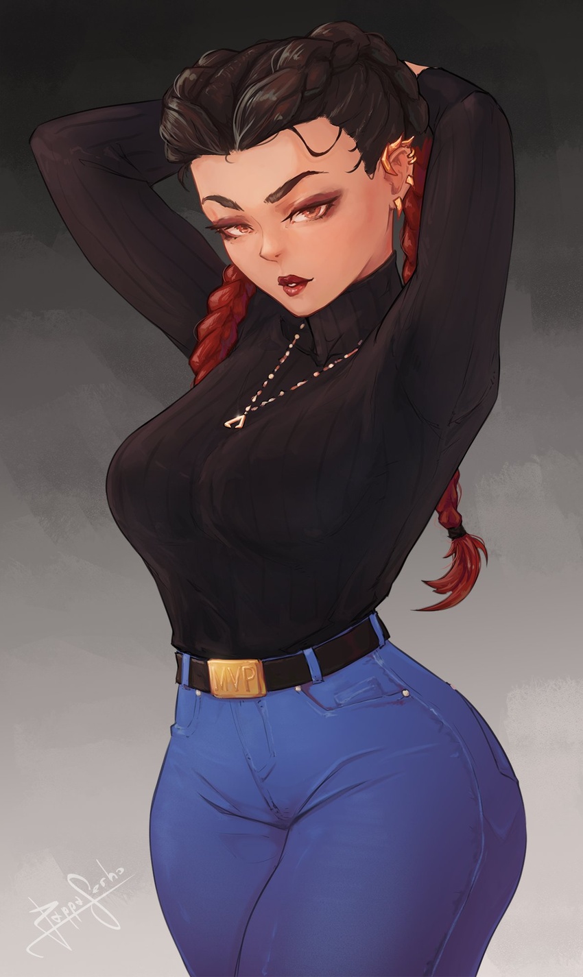 1girls apex_legends arms_up big_breasts dark-skinned_female female female_only helix_piercing jeans loba pappaserho thick_thighs tight_clothing