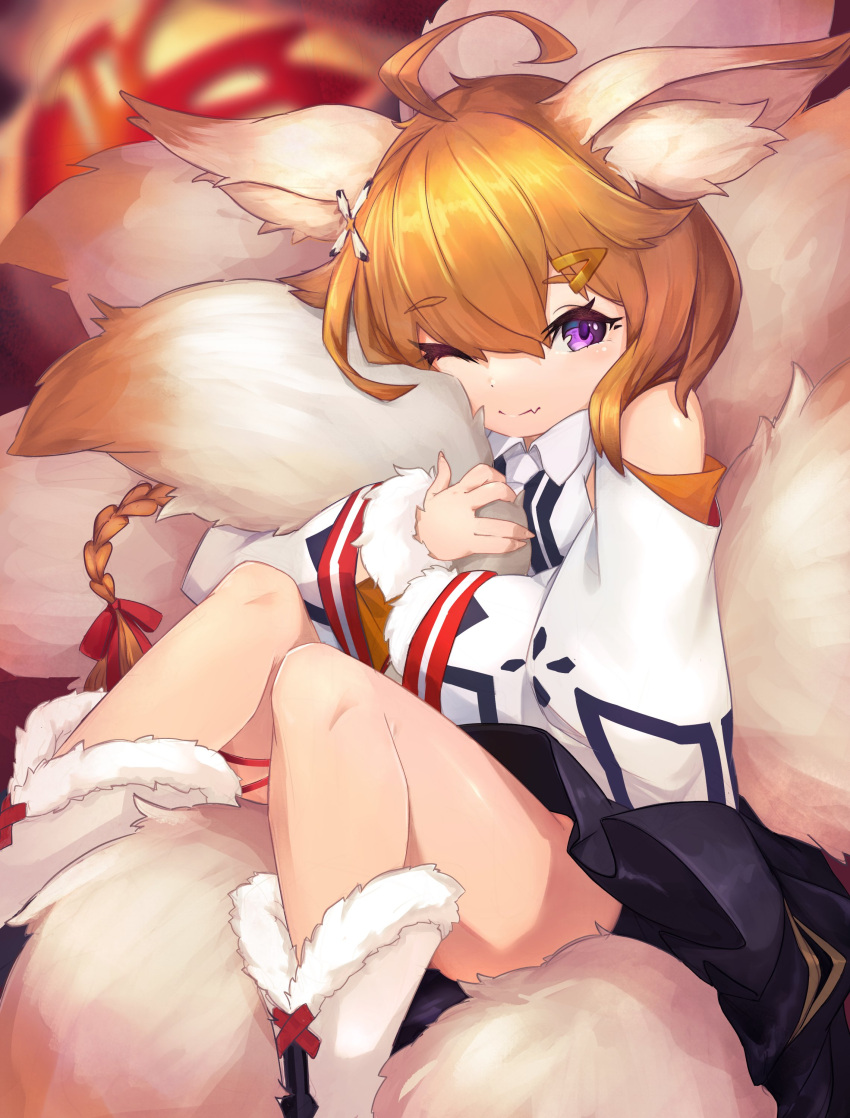 absurdres ahoge animal_ears black_skirt blurry blurry_background eight-tailed_fox_nari female fox_ears fox_girl fox_tail guardian_tales highres holding_own_tail hugging_own_tail hugging_tail mu_3no multiple_tails one_eye_closed orange_hair ponytail protected_link purple_eyes skirt smile tail white_footwear