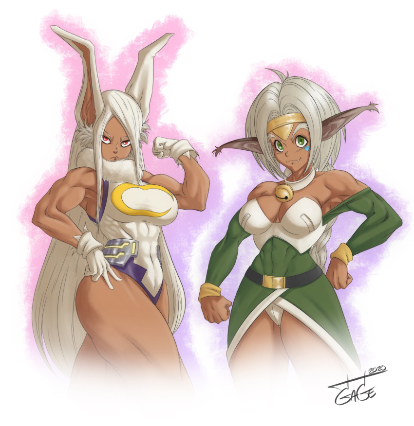 2020 aisha_clanclan animal_humanoid bell big_breasts breasts cleavage clothed clothing collar ctarl-ctarl dark_body dark_skin duo felid felid_humanoid female gage_(artist) hair hand_on_hip hi_res humanoid jingle_bell lagomorph lagomorph_humanoid leporid_humanoid looking_at_viewer mammal mammal_humanoid muscular muscular_female my_hero_academia outlaw_star pose rabbit_humanoid rumi_usagiyama white_hair