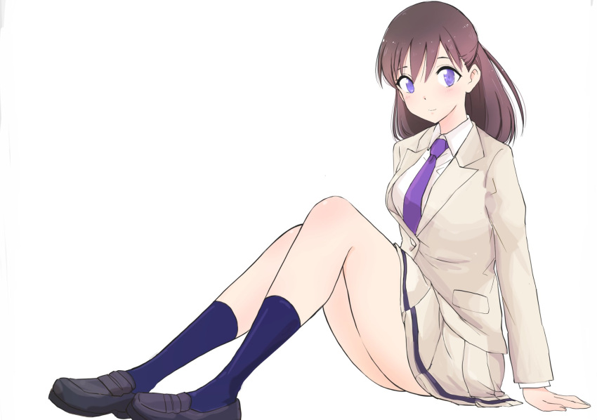 arm_support black_footwear blazer blue_socks blush breasts brown_hair closed_mouth collared_shirt female from_side full_body hair_between_eyes highres imae_megumi jacket kajino_(aosansai) kneehighs knees_up long_hair long_sleeves looking_at_viewer medium_breasts necktie pleated_skirt purple_eyes purple_necktie school_uniform shirt shoes simple_background sitting skirt smile socks solo watashi_ga_motenai_no_wa_dou_kangaetemo_omaera_ga_warui! white_shirt yellow_jacket yellow_skirt