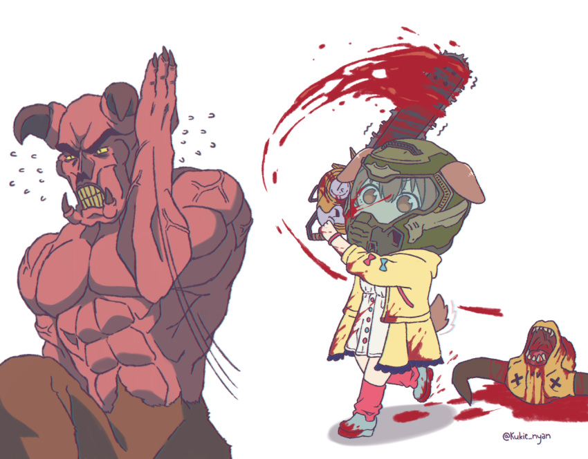 animal_ears artist_name assault_visor baron_of_hell battle_tendency blood blood_on_clothes blood_on_weapon blood_splatter blue_footwear brown_eyes brown_hair chainsaw chibi commentary cosplay crossover cyberdemon death demon demon_horns dog_ears dog_girl dog_tail doom_(series) doom_64 doomguy doomguy_(cosplay) dress ears_through_headwear english_commentary fangs female fleeing flying_sweatdrops full_body helmet hololive horns inugami_korone inugami_korone_(1st_costume) jacket jojo_no_kimyou_na_bouken kukie-nyan looking_at_another mixed-language_commentary motion_lines nigerundayo! parody red_socks running severed_head shoes simple_background socks sweatdrop tail twitter_username virtual_youtuber weapon white_background white_dress x_x yellow_jacket