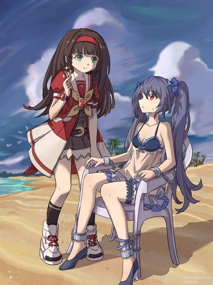 2girls absurdres beach beach_chair black_hair blush bondage bondage bound braid breasts cuffs full_body green_eyes hair_ribbon hairband highres holding k-sha long_hair looking_at_another medium_breasts multiple_girls neptune_(series) nero_augustus noire_(neptunia) outdoors red_eyes restrained ribbon shackles shin_jigen_game_neptune_vii short_sleeves sitting twin_braids twintails very_long_hair