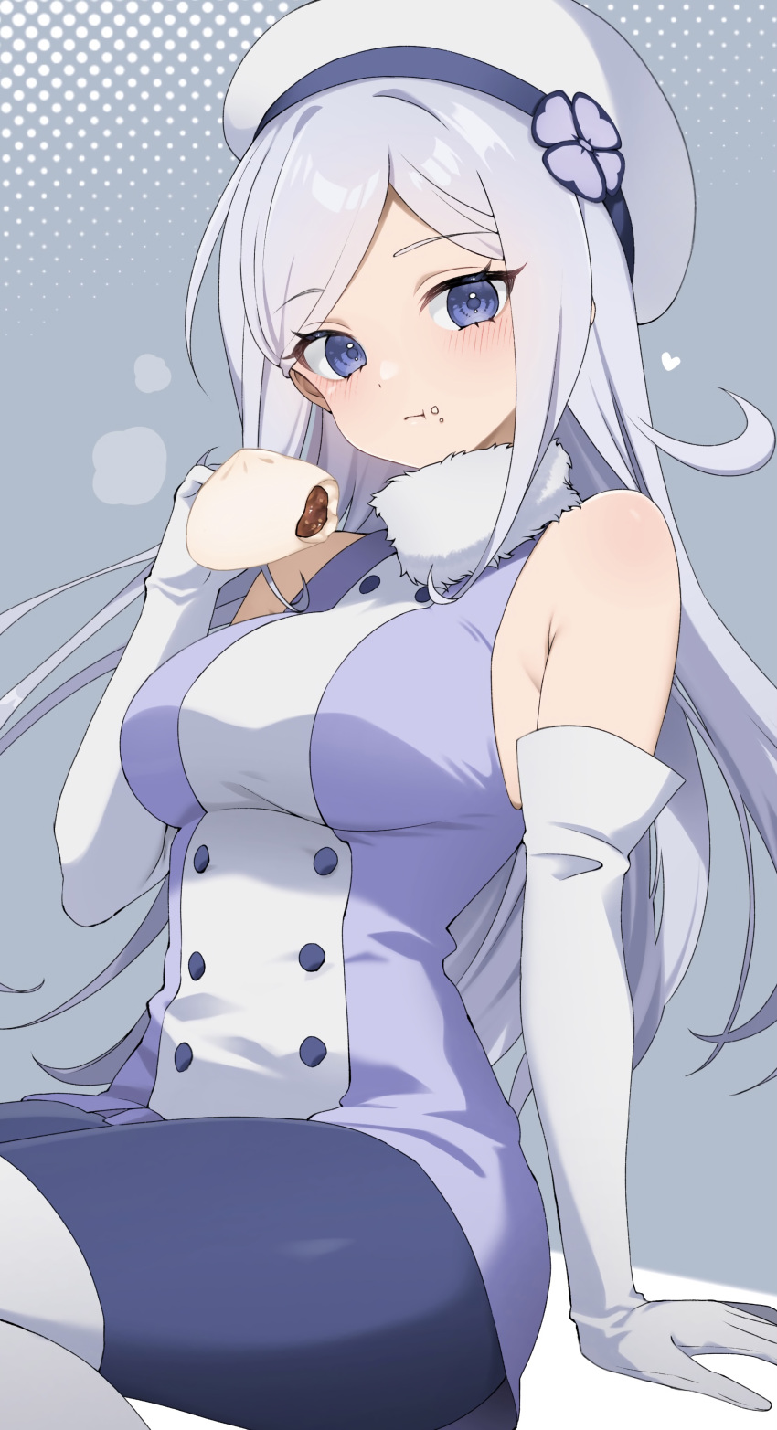 absurdres aila_jyrkiainen bad_id bad_pixiv_id baozi bare_shoulders beret blue_eyes blush breasts campbell_xx chewing commentary dress eating elbow_gloves female flower food frown fur_collar gloves grey_background gundam gundam_build_fighters hair_flower hair_ornament hat highres long_hair pantyhose parted_bangs simple_background sitting sleeveless sleeveless_dress solo symbol-only_commentary white_hair