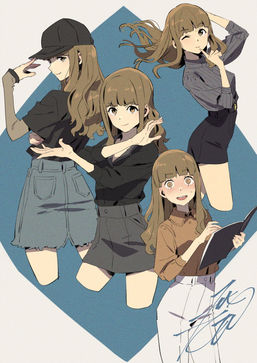 baseball_cap black_headwear black_shirt black_skirt blunt_bangs blush book brown_eyes collage constricted_pupils cropped_legs dress_shirt female finger_to_mouth flustered grey_skirt hat highres kannagi_shiori kobayashi_gen light_brown_hair long_hair looking_at_viewer looking_back one_eye_closed open_mouth orange_shirt pants pose school_girl_strikers shirt sidelocks signature simple_background skirt t-shirt wavy_hair white_pants