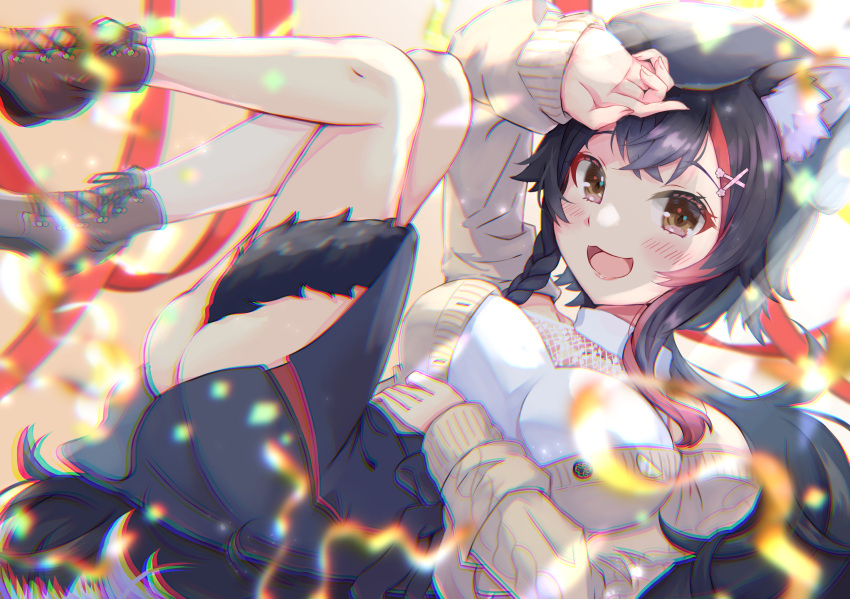 animal_ear_fluff animal_ears ass birthday black_hair black_skirt blush breasts brown_footwear chromatic_aberration female hair_ornament hairclip hand_on_own_head hand_on_own_stomach happy_birthday highres hololive large_breasts leg_up long_hair looking_at_viewer lying mihaeru multicolored_hair official_alternate_costume ookami_mio ookami_mio_(street) open_mouth red_hair skirt smile solo streaked_hair tail thighhighs virtual_youtuber wolf_ears wolf_girl wolf_tail yellow_eyes zettai_ryouiki