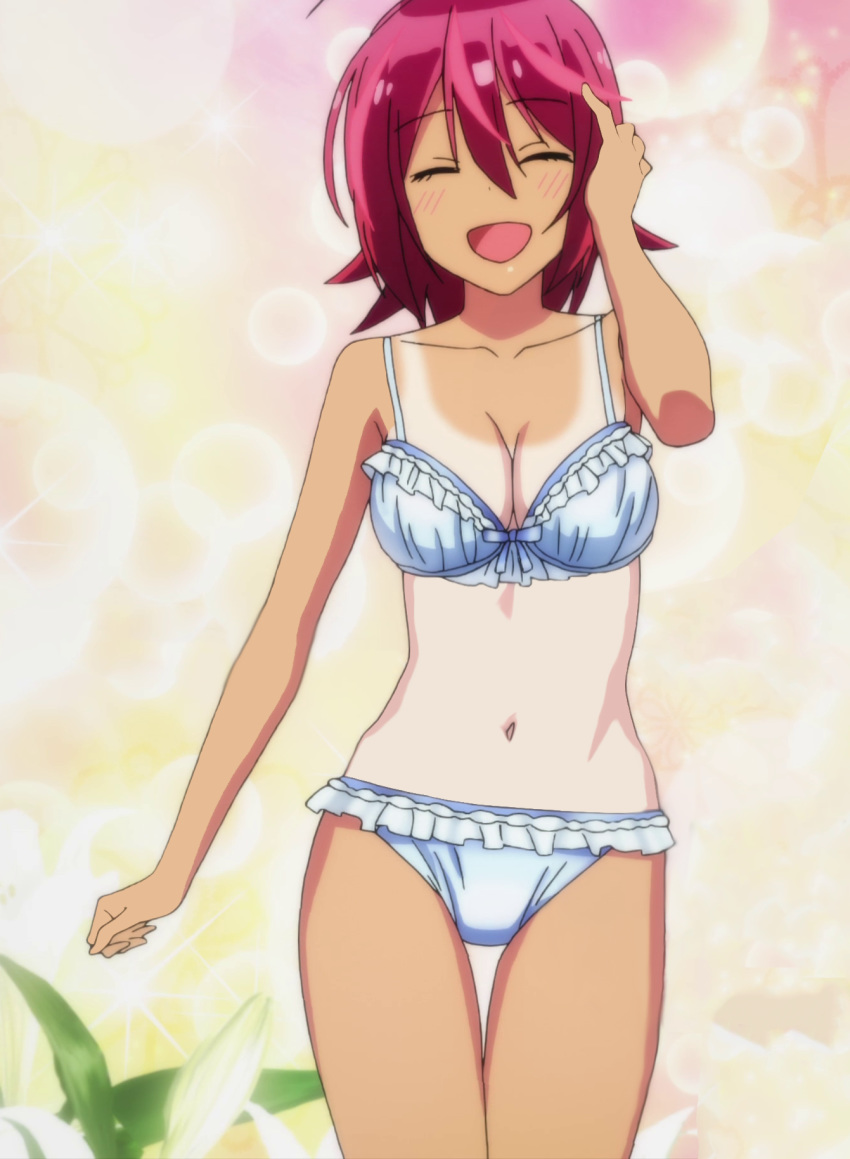 bikini blue_bikini bokutachi_wa_benkyou_ga_dekinai breasts closed_eyes collarbone commentary_request female frilled_bikini frills hand_in_own_hair highres large_breasts mugichan07 navel open_mouth pink_hair short_hair smile solo swimsuit takemoto_uruka tan tanlines