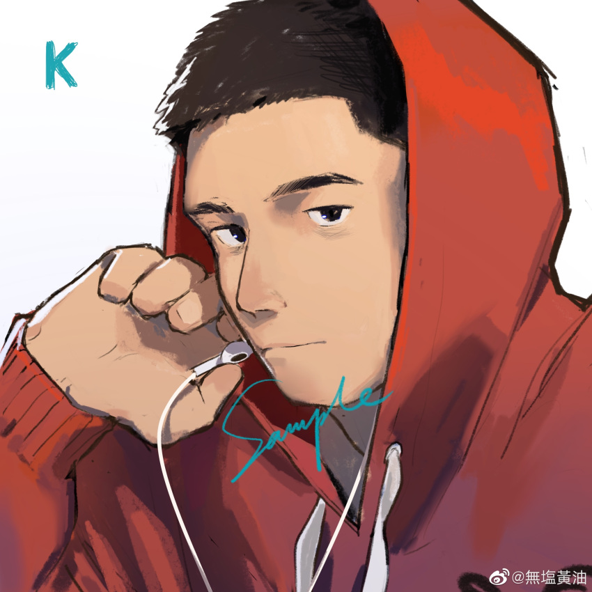 1boy black_hair commission earphones expressionless highres holding holding_earphones hood hood_up hoodie laserbiubiu looking_at_viewer male_focus mature_male orange_hoodie original portrait profile_picture sample_watermark short_hair sideburns solo watermark