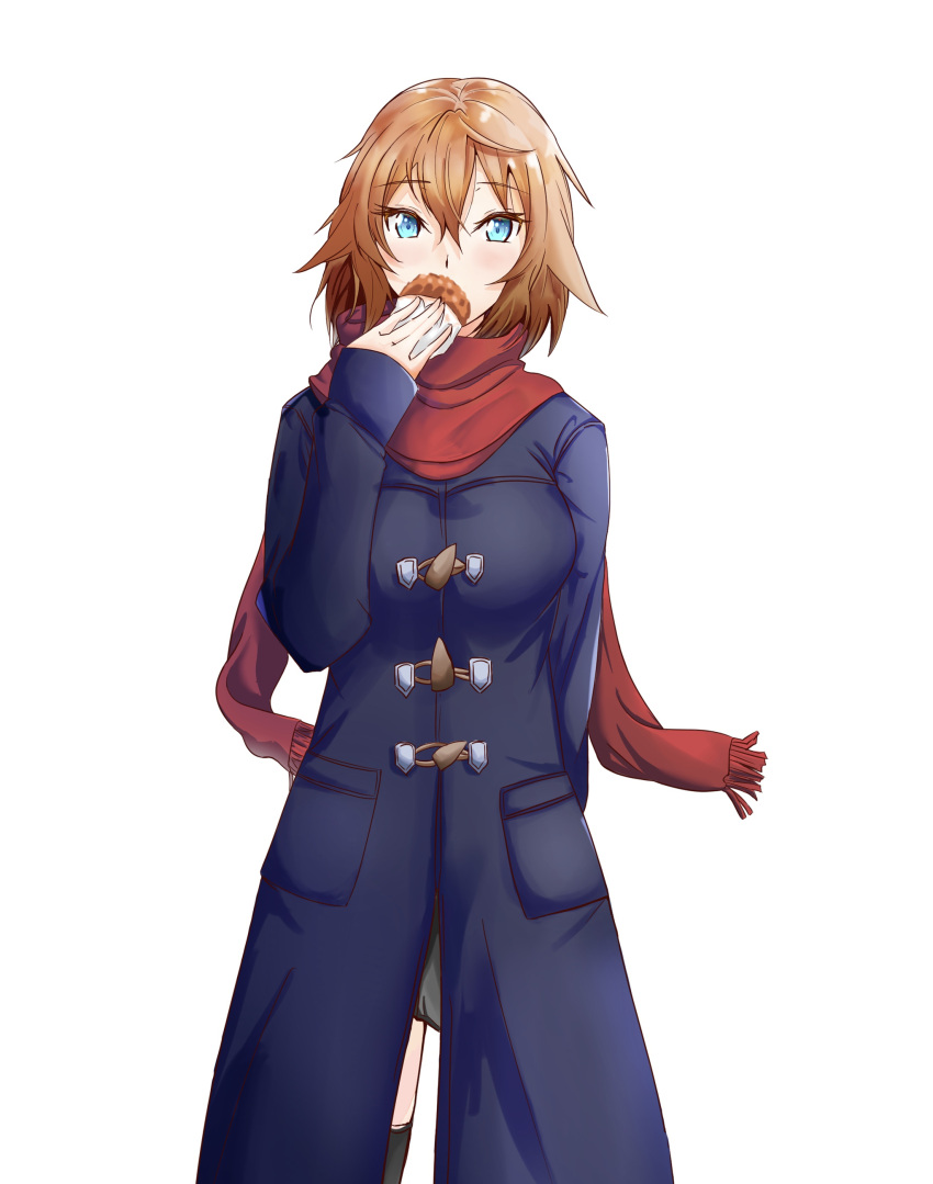 absurdres alternate_costume arm_behind_back blonde_hair blue_eyes covering_own_mouth croquette female hair_between_eyes highres light_blush looking_at_viewer philia_(sao) red_scarf scarf segina04 solo sword_art_online white_background winter winter_clothes