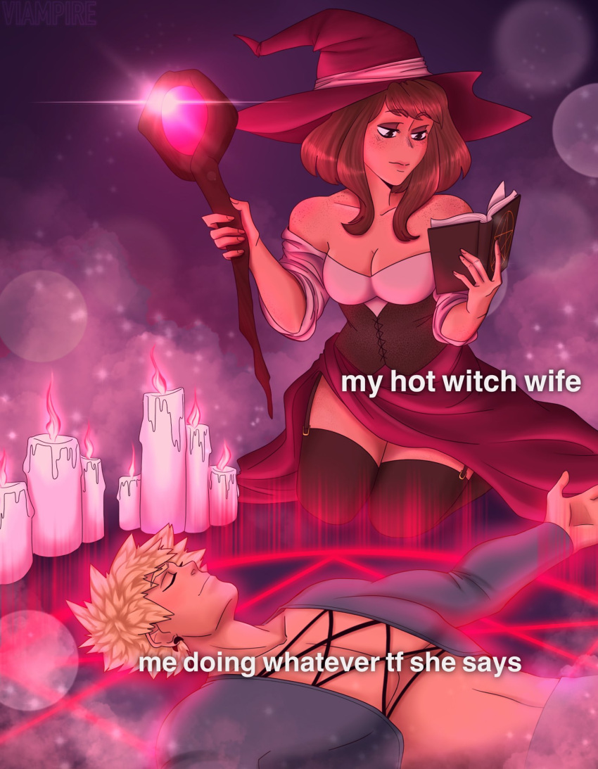 1boy 1girls alternate_universe bakugou_katsuki bare_shoulders blonde_hair book candle candlelight candles cleavage corset english_text fantasy_au female katsuki_bakugou magic magic_book magic_staff magic_user magical magical_girl male meme my_hero_academia my_hot_witch_wife ochako_uraraka pentagram pink_mist reading_book spiky_hair staff text thighhighs thighs underbust underbust_corset uraraka_ochako witch witch_hat witchcraft