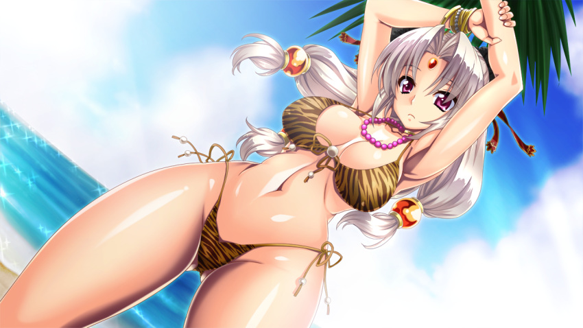 armpits arms_up bare_arms bare_legs bare_shoulders beach bikini breasts closed_mouth female forehead_mark game_cg gluteal_fold grey_hair groin highres large_breasts legs long_hair looking_at_viewer low-tied_long_hair navel necklace ocean original outdoors palm_tree pearl_necklace pink_eyes print_bikini ryofu_housen_(sangoku_hime) sangoku_hime sangoku_hime_2 shiny shiny_skin silver_hair sky solo standing thighs tiger_print twintails unicorn-a water