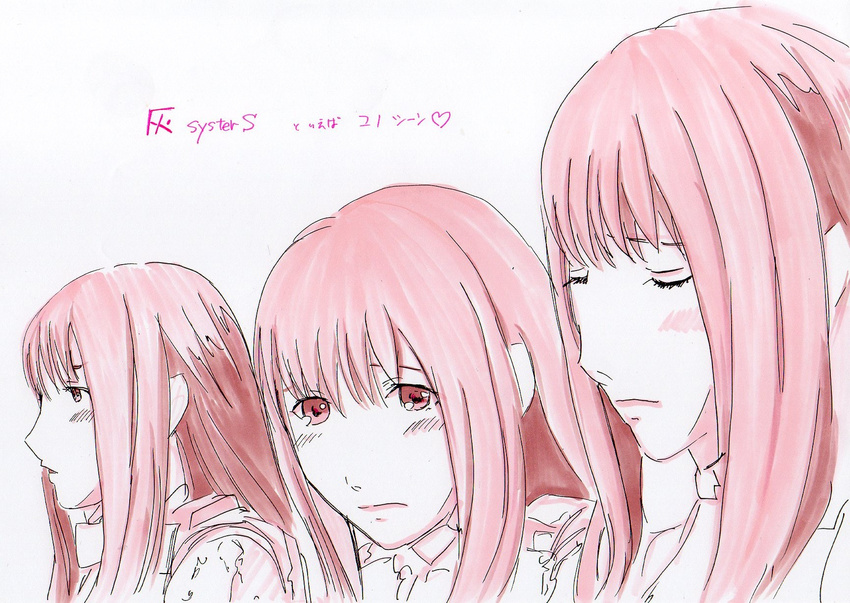 3girls blush clone closed_eyes commentary_request english_text engrish_text heart highres honoka_en honoka_hou honoka_ren honoka_sisters long_hair monochrome multiple_girls pilot_suit pink_eyes pink_hair pink_theme potekite ranguage siblings sidonia_no_kishi simple_background sisters tears white_background