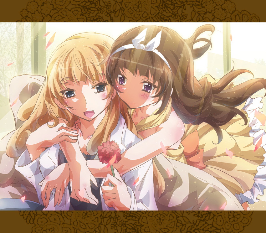 2girls amanogawa_kirara amanogawa_stella bare_shoulders blonde_hair blue_eyes blush brown_hair carnation commentary_request dress flower go!_princess_precure hairband highres hug hug_from_behind inoshishi_(ikatomo) long_hair mother's_day mother_and_daughter multiple_girls open_mouth precure purple_eyes red_carnation red_flower yellow_dress