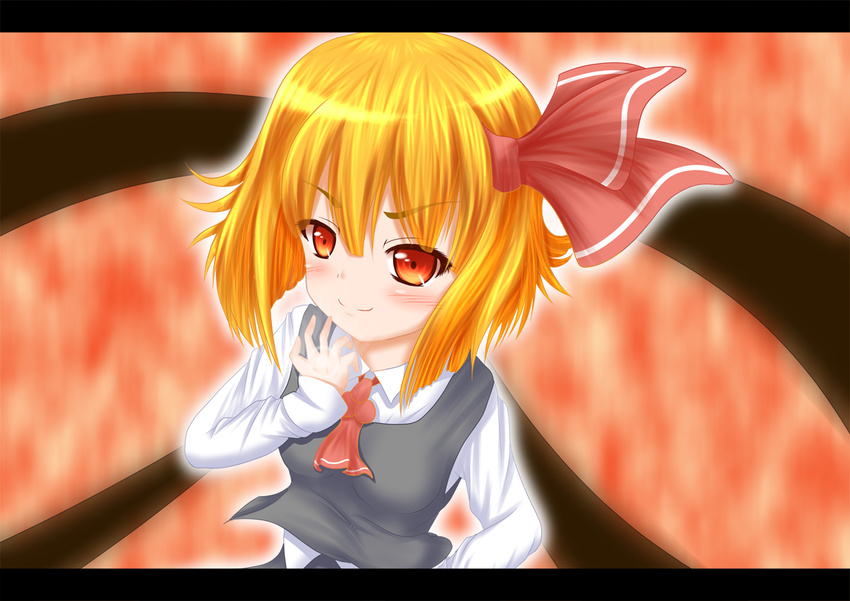 ascot blonde_hair blush bow commentary_request female hairbow himeruri_charm letterboxed raised_eyebrow red_eyes rumia solo touhou