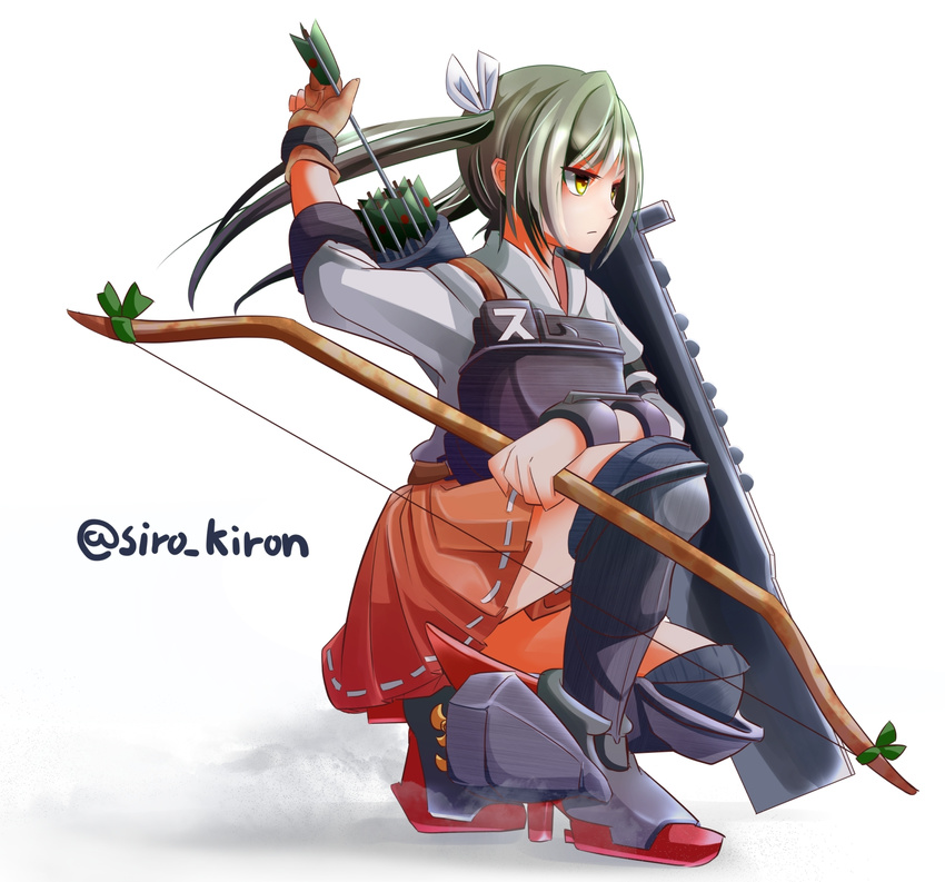 archery black_hair black_thighhighs blush boots bow_(weapon) commentary_request female flight_deck gloves grey_hair hair_ribbon highres japanese_clothes kantai_collection kyuudou long_hair md5_mismatch muneate on_one_knee partially_fingerless_gloves quiver resolution_mismatch ribbon shiro_(kiron) skirt solo source_smaller thigh_boots thighhighs turbine twintails weapon yellow_eyes yugake zuikaku_(kancolle)