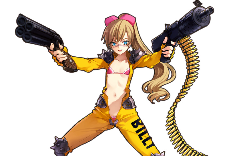 armor billy_the_kid_(eiyuu_senki) blonde_hair blue_eyes bodysuit bra collarbone cowboy_shot eiyuu_senki female flat_chest gun hair_ribbon long_hair looking_at_viewer navel open_clothes oyari_ashito panties panty_peek ponytail ribbon shoulder_armor smile solo transparent_background underwear weapon