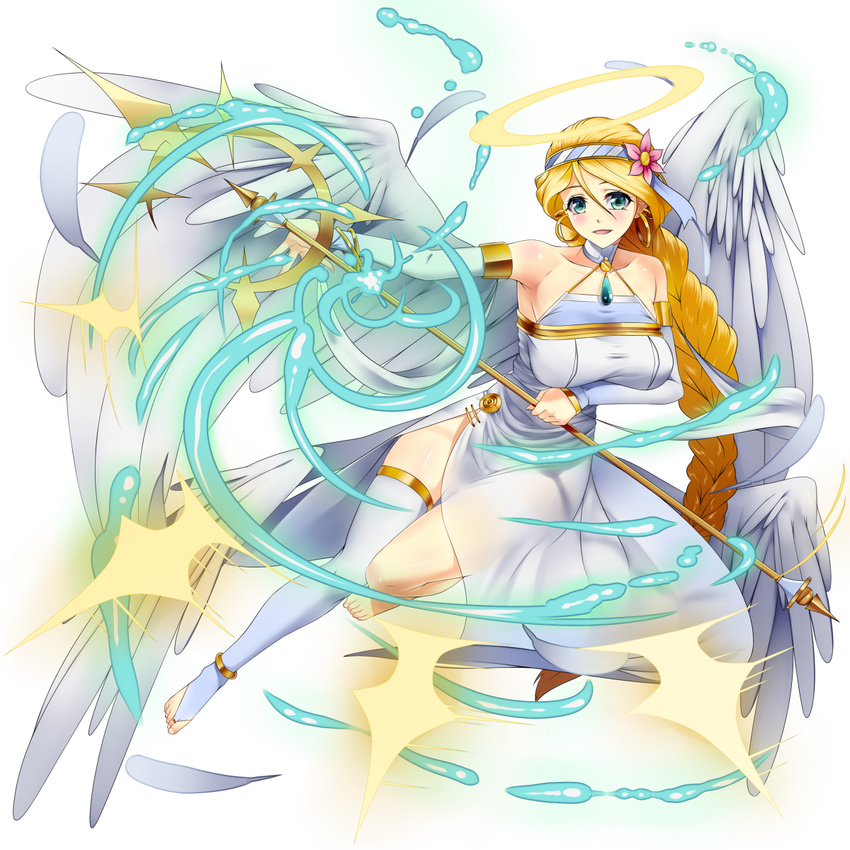 angel angel_wings bad_id bad_pixiv_id bare_shoulders barefoot blonde_hair blush braid breasts commentary_request detached_sleeves dress feathered_wings female flower full_body gem green_eyes hair_flower hair_ornament hairband halo highres holding holding_polearm holding_weapon jewelry kagiyama_(clave) large_breasts long_braid long_hair looking_at_viewer magic necklace open_mouth original polearm simple_background single_thighhigh skindentation smile solo spear thighhighs tokyo_tenma very_long_hair weapon white_background white_dress white_sleeves white_thighhighs wings