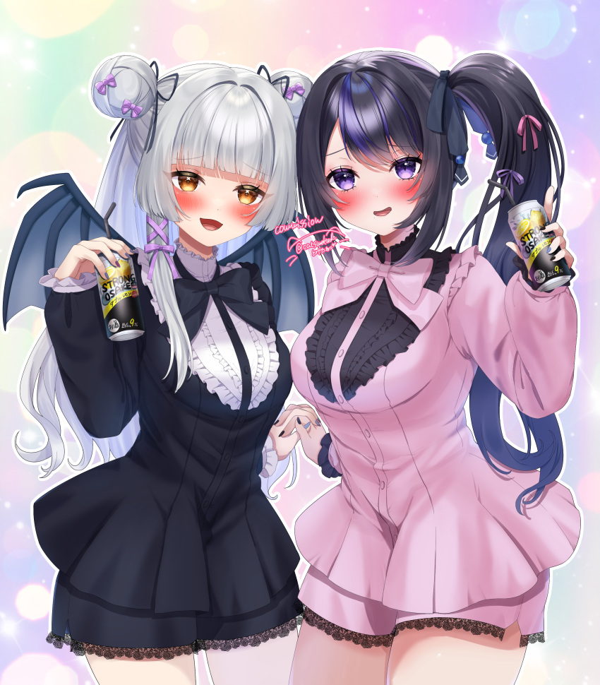 2girls absurdres ahera_ohoko black_bow black_bowtie black_dress black_hair black_nails black_ribbon blush bow bowtie breasts brown_eyes buttons can character_request commission double_bun dress drunk frills grey_hair grey_nails hair_bun hair_ribbon hairbow highres holding holding_can holding_hands indie_virtual_youtuber interlocked_fingers long_hair long_sleeves multicolored_hair multiple_girls open_mouth pink_bow pink_bowtie pink_dress pink_ribbon purple_bow purple_eyes purple_hair purple_nails purple_ribbon ribbon side_ponytail skeb_commission streaked_hair toketa_neko two-tone_nails virtual_youtuber wings yuzuriha_yuyu