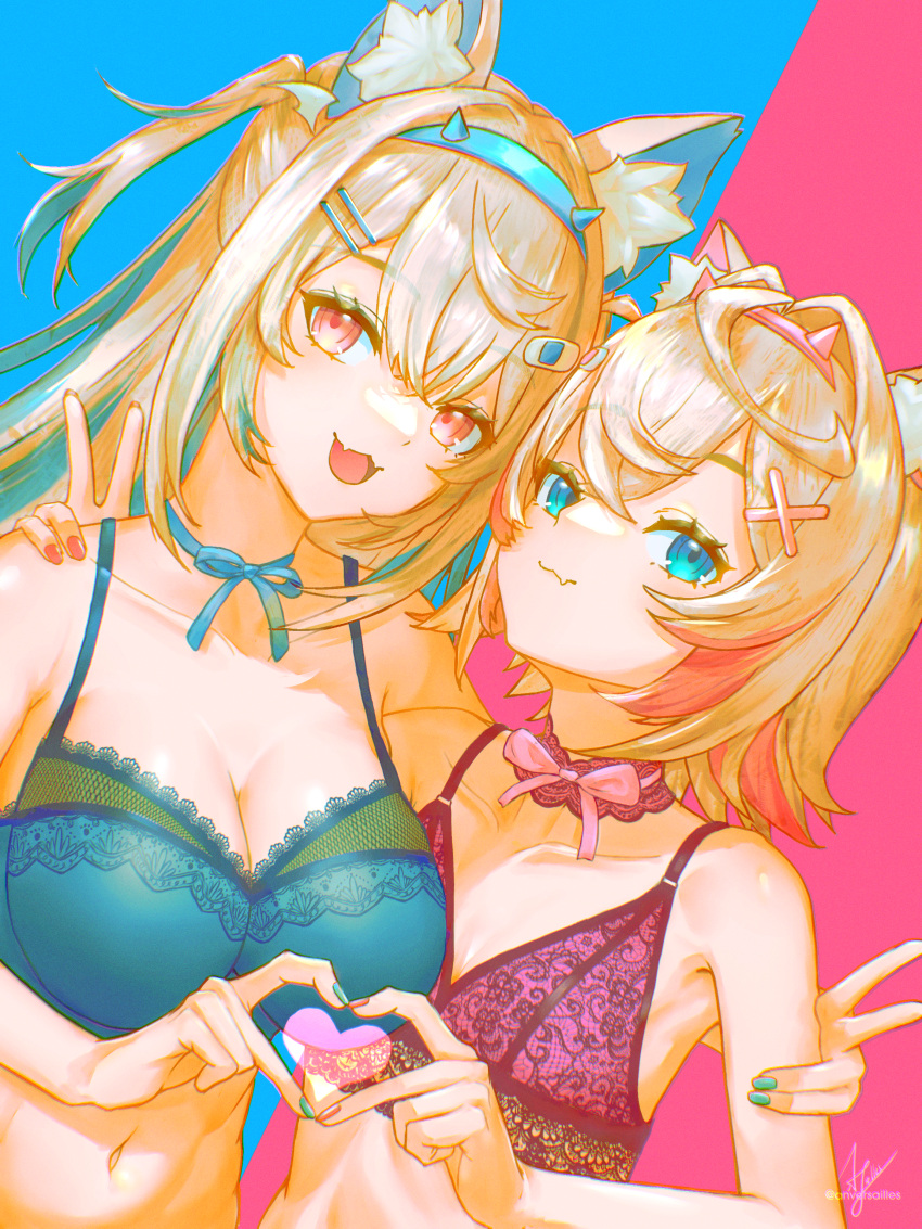 2girls :3 :d absurdres animal_ears anversailles arm_around_shoulder bandaid bandaid_hair_ornament black_choker blonde_hair blue_background blue_eyes blue_hair blue_hairband bra breasts choker cleavage closed_mouth collarbone commentary crossed_bangs dog_ears dog_girl double-parted_bangs dutch_angle fake_horns flat_chest fuwawa_abyssgard hair_between_eyes hair_intakes hair_ornament hairband hairclip heart heart_hands heart_hands_duo highres hololive hololive_english horns lace lace-trimmed_bra lace_bra lace_choker lace_trim large_breasts lingerie long_hair looking_at_viewer mococo_abyssgard multicolored_hair multiple_girls nail_polish navel neck_ribbon oerba_yun_fang open_mouth pink_background pink_eyes pink_hair ribbon short_hair siblings simple_background sisters skin_fang smile streaked_hair twins two-tone_background two_side_up underwear v virtual_youtuber x_hair_ornament