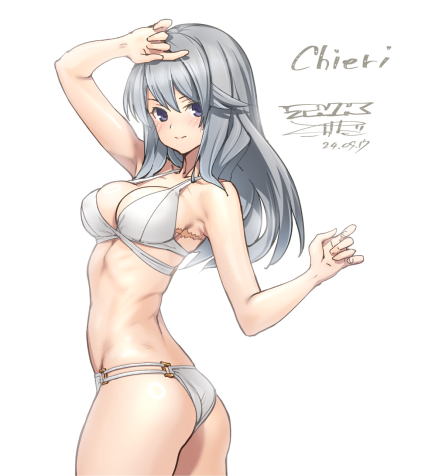 alice_gear_aegis ass bikini breasts character_name cleavage cowboy_shot female grey_eyes grey_hair highres kondou_chieri long_hair looking_back medium_breasts multi-strapped_bikini_bottom simple_background solo swimsuit takada_kazuhiro twisted_torso white_background white_bikini