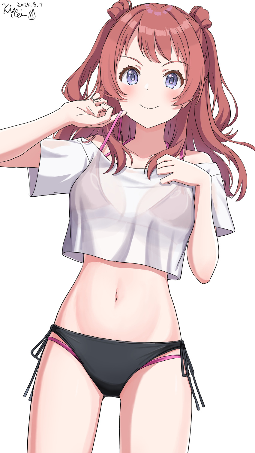 absurdres artist_logo bikini bikini_under_clothes black_bikini blue_eyes brown_hair cowboy_shot double_bun female gakuen_idolmaster hair_bun hanami_saki highres idolmaster kippei layered_bikini long_hair looking_at_viewer shirt side-tie_bikini_bottom simple_background smile solo swimsuit t-shirt two_side_up white_background white_shirt