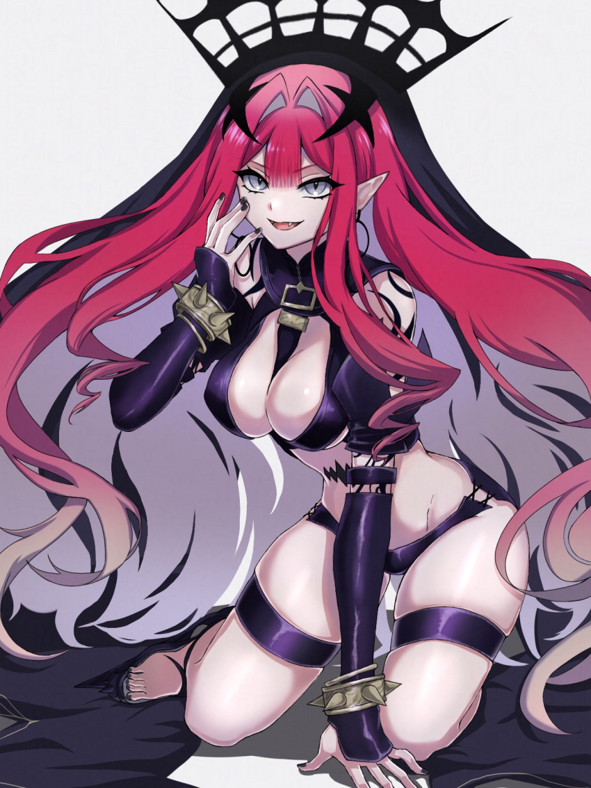 baobhan_sith_(fate) baobhan_sith_(second_ascension)_(fate) bare_shoulders black_panties bracelet breasts bridal_gauntlets detached_sleeves earrings fate/grand_order fate_(series) female grey_eyes highres jewelry kawairuka_ko large_breasts long_hair looking_at_viewer navel open_mouth panties pink_hair pointy_ears revealing_clothes sidelocks smile solo spiked_bracelet spikes thigh_strap thighs tiara underwear veil