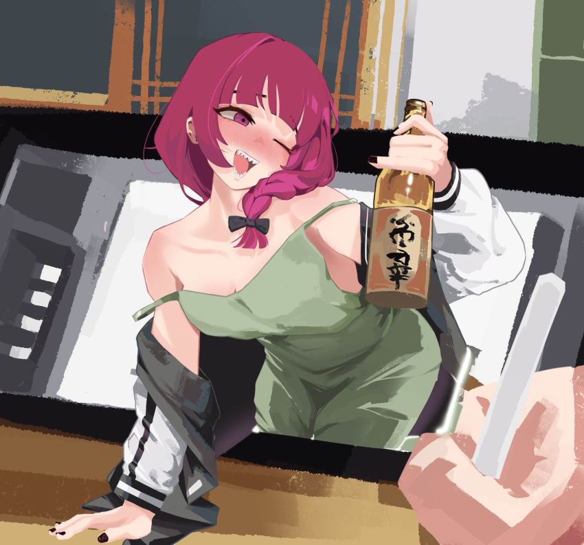 1other ;d alcohol bare_shoulders black_nails blush bocchi_the_rock! bottle braid breasts cleavage dress ehddb72 female green_dress highres hiroi_kikuri holding holding_bottle jacket long_hair off_shoulder one_eye_closed open_mouth purple_eyes purple_hair sharp_teeth smile solo_focus strap_slip teeth