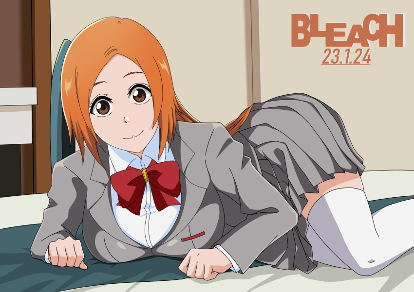 2023 arm_support art_study bleach bow bowtie breasts brown_eyes clenched_hands closed_mouth collared_shirt commentary_request copyright_name dated eyelashes feet_out_of_frame female forehead grey_jacket grey_skirt highres indoors inoue_orihime jacket large_breasts long_hair long_sleeves looking_at_viewer lying miniskirt on_bed on_stomach orange_hair parted_bangs pleated_skirt red_bow red_bowtie sha11021997 shirt short_hair skirt smile split_mouth tareme thighhighs weapon white_thighhighs wide-eyed zettai_ryouiki