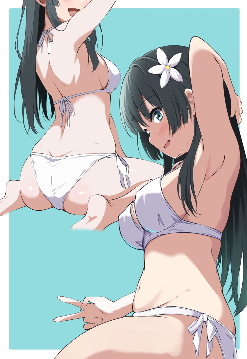 armpits ass bikini black_hair blue_eyes border borgbutler breasts female flower hair_flower hair_ornament highres large_breasts long_hair looking_at_viewer multiple_views navel outside_border saten_ruiko side-tie_bikini_bottom sideboob simple_background smile swimsuit toaru_kagaku_no_railgun toaru_majutsu_no_index v white_bikini white_border